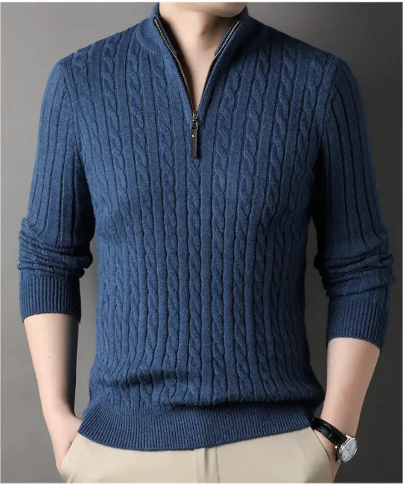 New Men's Solid Color Half Zipper Thick Sweater