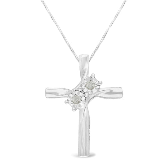 .925 Sterling Silver 1/ 10 Cttw Diamond Miracle-Set 2 Stone 'Together Forever' Curved Cross 18” Pendant Necklace (I-J Color, I2-I3 Clarity)