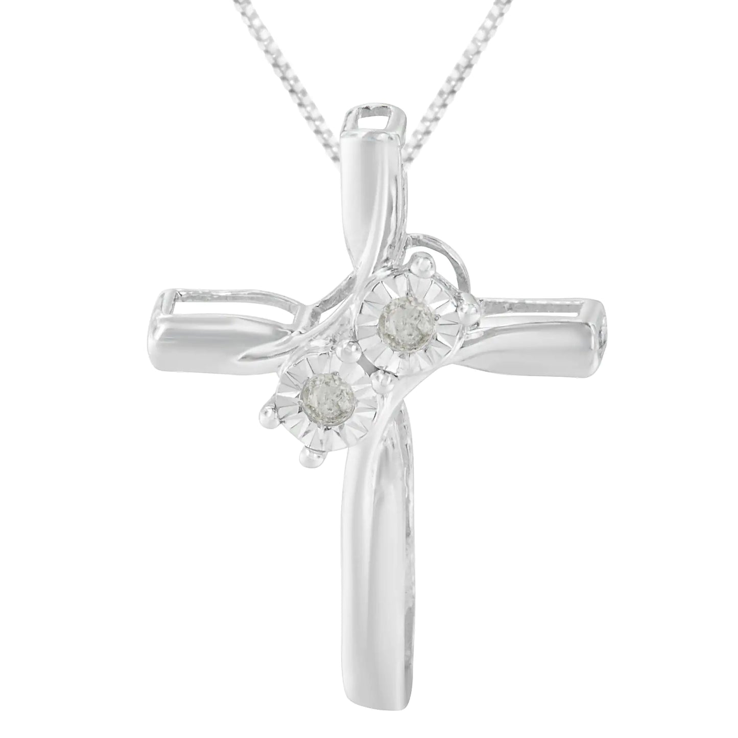 .925 Sterling Silver 1/ 10 Cttw Diamond Miracle-Set 2 Stone 'Together Forever' Curved Cross 18” Pendant Necklace (I-J Color, I2-I3 Clarity)