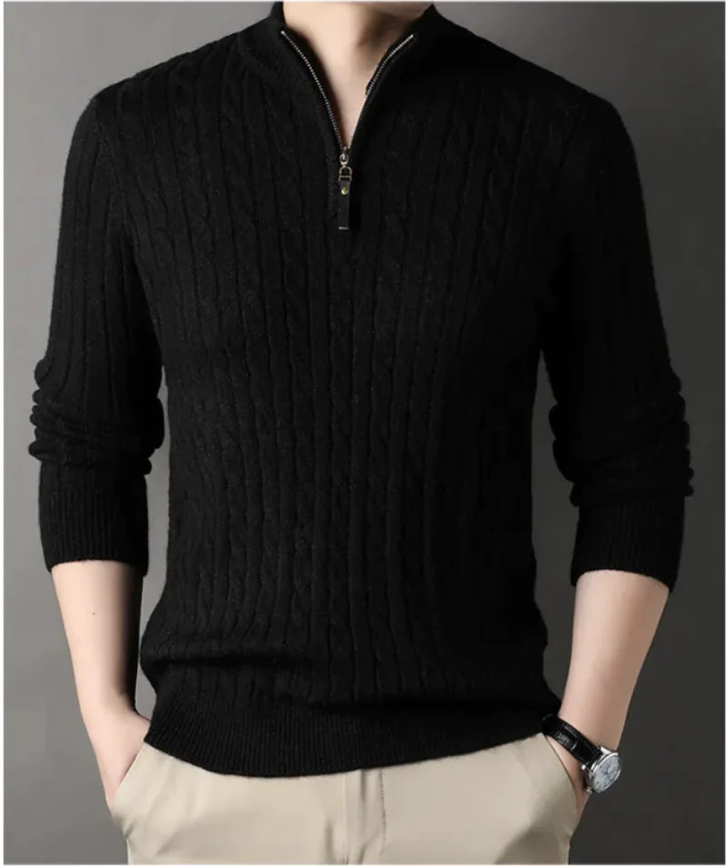 New Men's Solid Color Half Zipper Thick Sweater